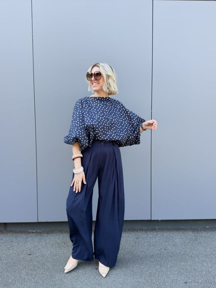 long sleeve polka dot blouse navy