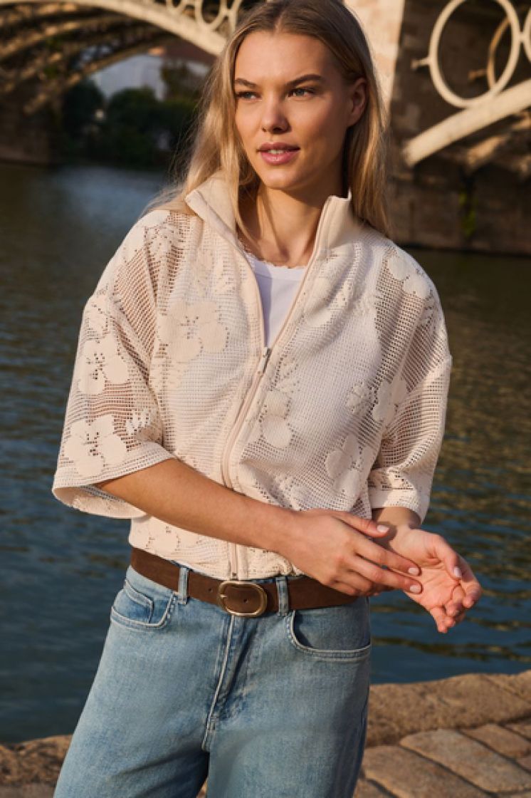 Crochet jacket with floral pat 99079 BEIGE