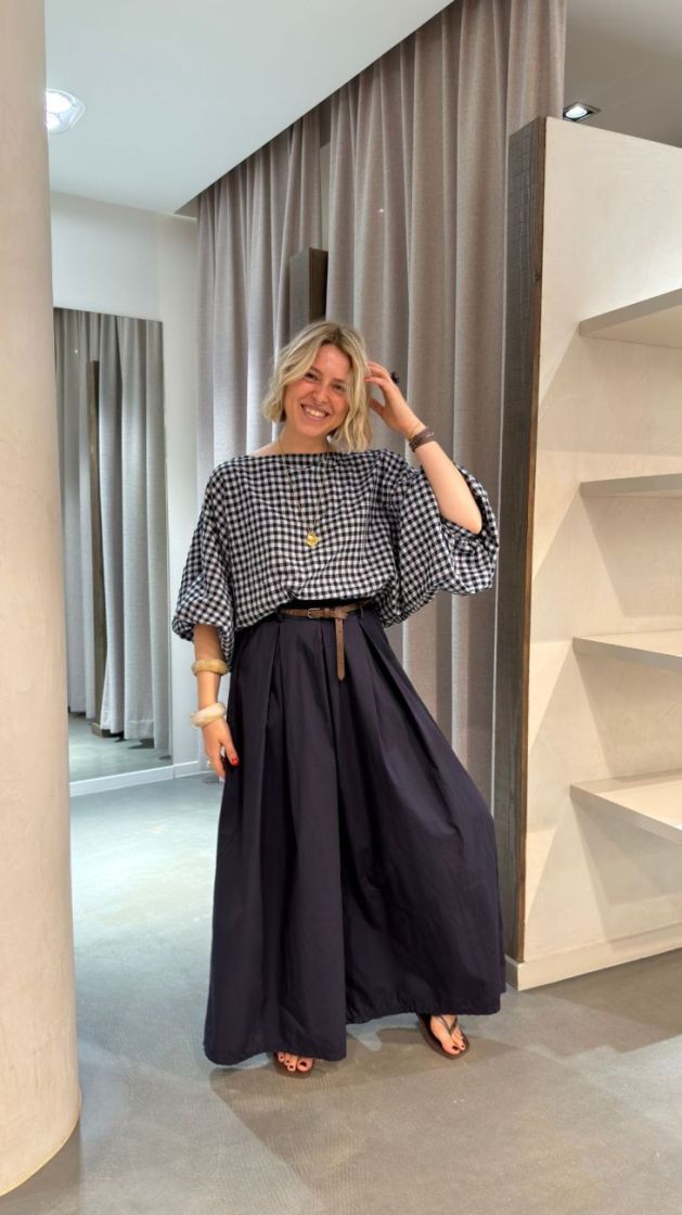 short plaid blouse batwing navy