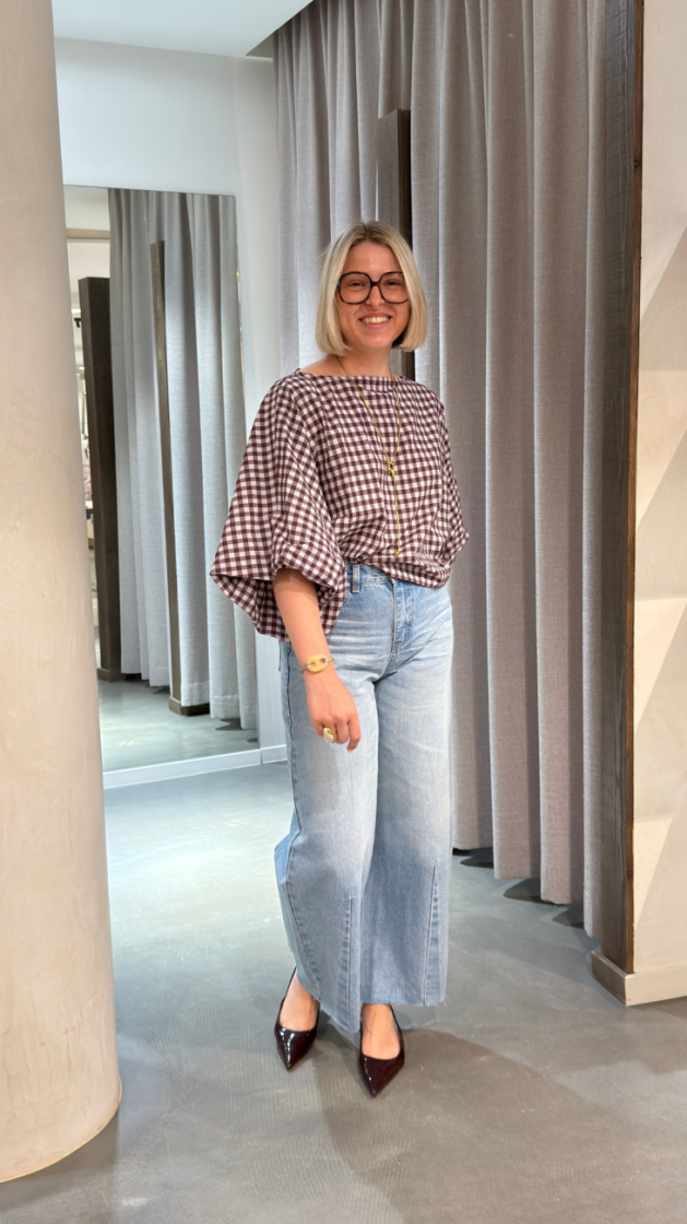 short plaid blouse batwing bordaux